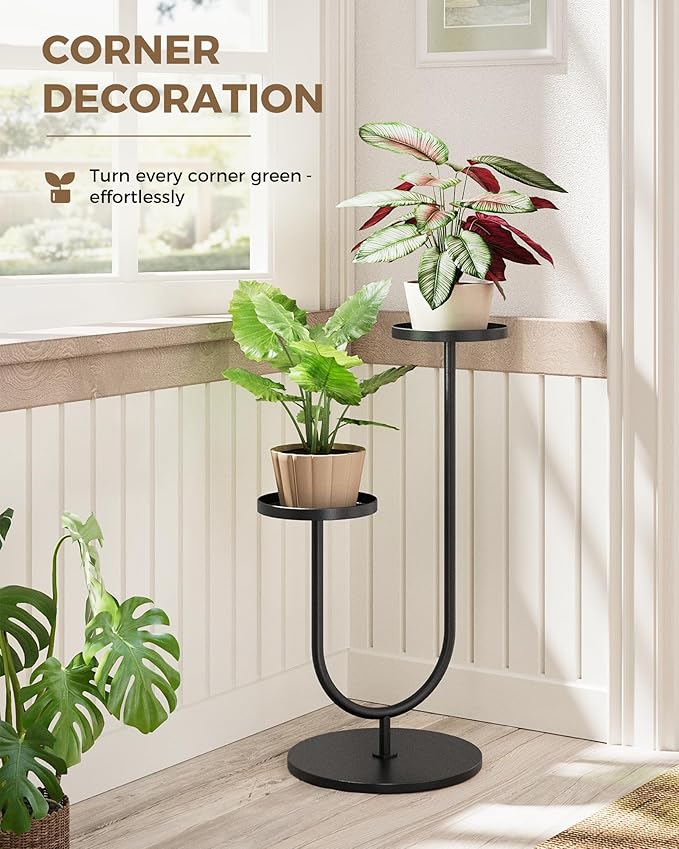 Bamworld Outdoor Plant Stand Metal Plant Stand Indoor Corner Plant Stands 2 Tier Plant Shelf for Tall Plant Holder Black Plant Shelves for Living Room Bedroom Midcentury Modern Home Decor