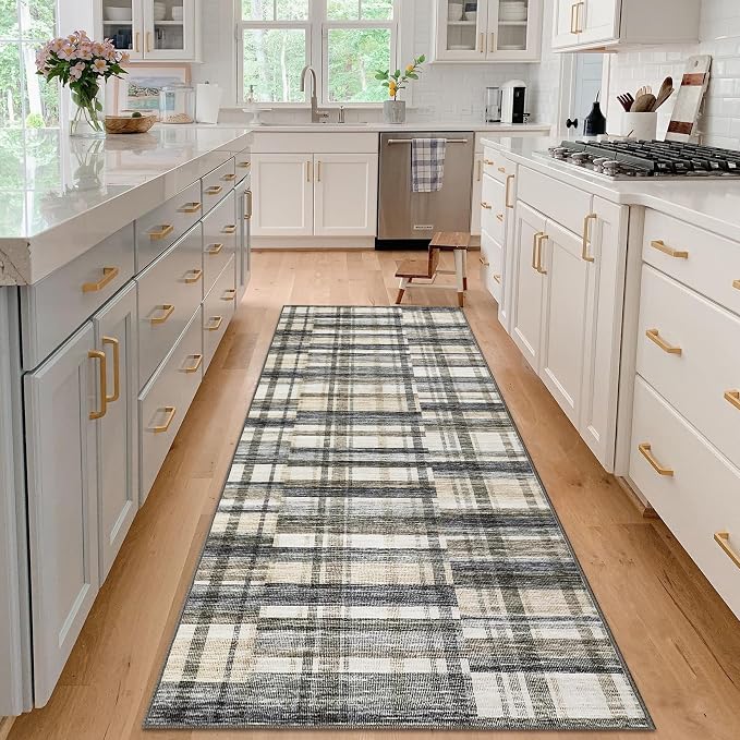 Washable Runner Rug 2x6 Runner Moder Plaid Tartan Non Slip Kitchen Rugs Low Pile Entryway Rug Soft Bathroom Rugs Stain Resistant Carpet for Hallway Laundry 2'x6' Blue&Beige