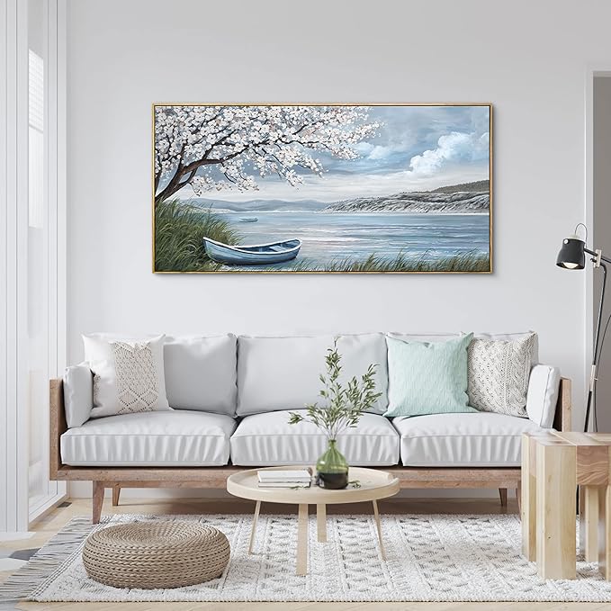 KLAKLA Large Canvas Art Plum Blossom Lake White Wall Decor Living Room Bedroom Picture Over Bed Framed Artwork for Wall Modern Canvas Paintings Office 58x29 Inches