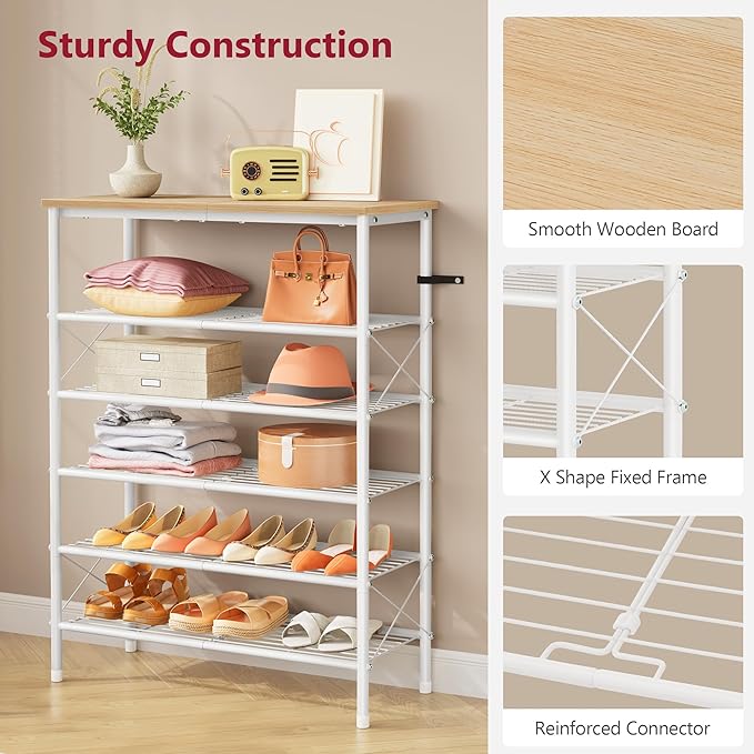 Tajsoon 6 Tier Shoe Rack Organizer for 20-24 Pairs of Shoes, Metal Mesh Shoe Shelf for Closet, Industrial Shoe Rack for Entryway Shoe Storage with X Shape Fixed Frame, White & Log