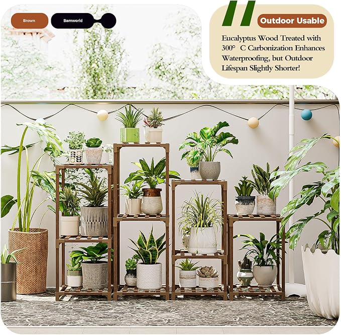 Bamworld Plant Stands Indoor 4 Sets Plant Shelves Outdoor Wooden Plant Holder for Multiple Plants Flower Stands for Living Room Balcony Garden Patio Lawn Window