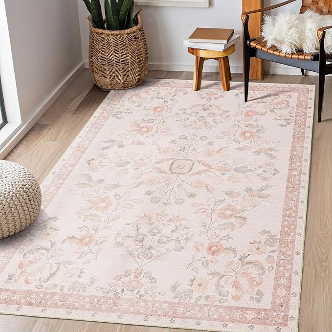 MUJOO 3x5 Rug Washable,Pink Floral Area Rugs for Bedroom Bedside Entryway Living Room Kitchen,Boho Small Indoor Floor Rug Non Slip Throw Carpet Low Pile Vintage