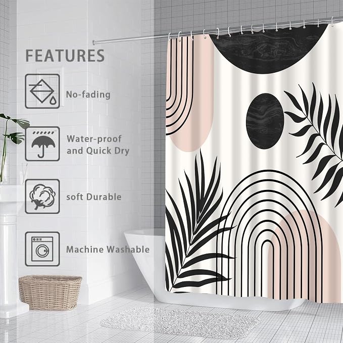 Mid Century Abstract Boho Aesthetic Shower Curtain Set, Green Nature Leaf Sun Modern Minimalist Home Bathroom Curtain Decor with 12 Hooks 72 Inch Wide * 72 Inch High