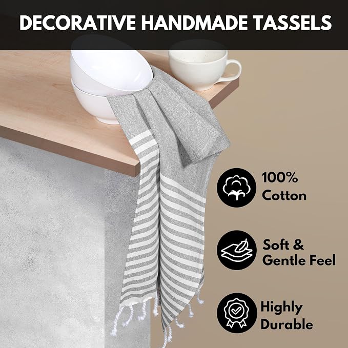 Turkish Kitchen Towels 18x26 Inches with Tassels - 4 Pack - Ultra Absorbent, Durable, Soft 100% Cotton Dish Towels for Drying & Cleaning - Machine Washable, Quick-Dry - Melange Grey