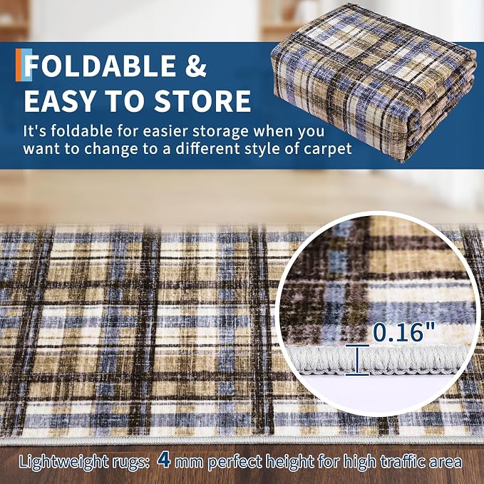 Washable Rugs 2x10 Runner Rug Modern Bordered Bathroom Rugs Non Slip Kitchen Runner Low Pile Entryway Rug Soft Runners Stain Resistant Carpet for Laundry Hallway Bedside 2'x10' Blue&Camel