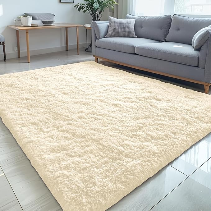 OLANLY 5x7 Machine Washable Large Area Rugs for Living Room, Bedroom, Soft Fluffy Shaggy Bedside Rug, Indoor Floor Carpet for Kids Girls and Boys, Dorms, Nursery, Home Decor Aesthetic, Cream