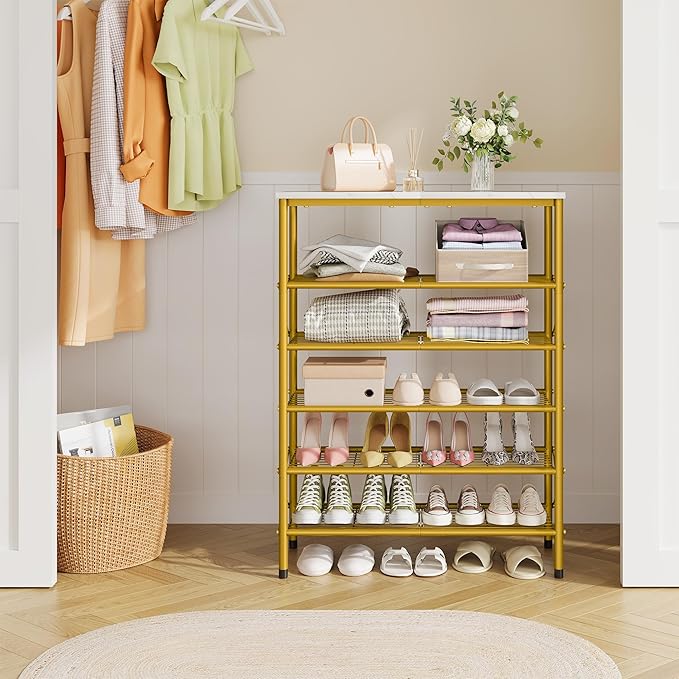 Tajsoon 6 Tier Shoe Rack Organizer for 20-24 Pairs of Shoes, Metal Mesh Shoe Shelf for Closet, Industrial Shoe Rack for Entryway Shoe Storage with X Shape Fixed Frame, White & Gold