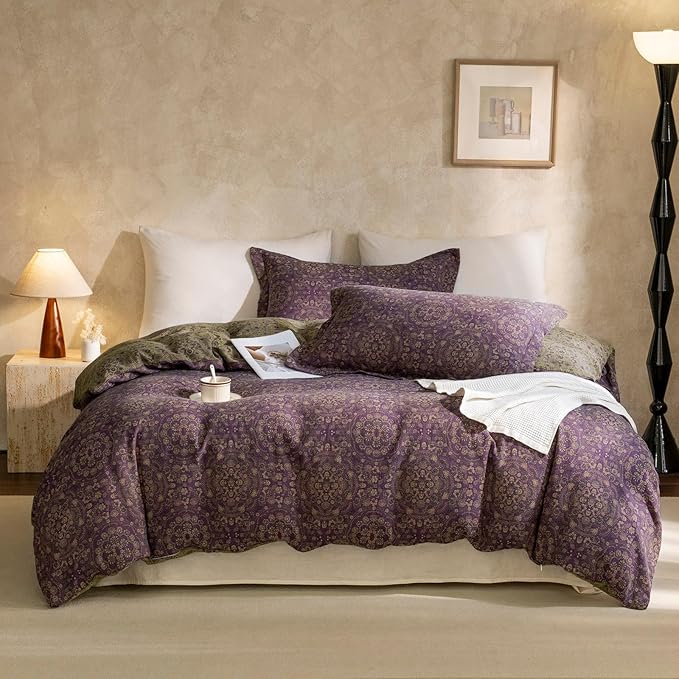 EAVD Soft 100% Cotton Muslin Yarn-Dyed Jacquard Textured Duvet Cover King Chic Shabby Purple Floral Duvet Cover with Zipper Closure Linen Like Gauze Floral Bedding Set with 2 Pillowcases