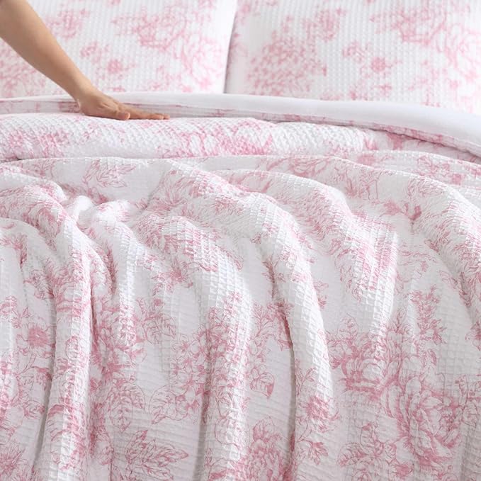 Laura Ashley - Comforter Set, Soft Poly Waffle Textured Bedding with Matching Shams, Delicate Floral Design (Delphine Pastel Pink, King)