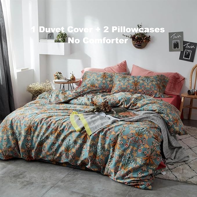 Vintage Flower Duvet Cover Full Percale Cotton Medallion Print Floral Bedding Set Full Farmhouse Bohemian Flower Comforter Cover with 2 Pillowcases Aesthetic Boho Duvet Cover with Zipper Closure