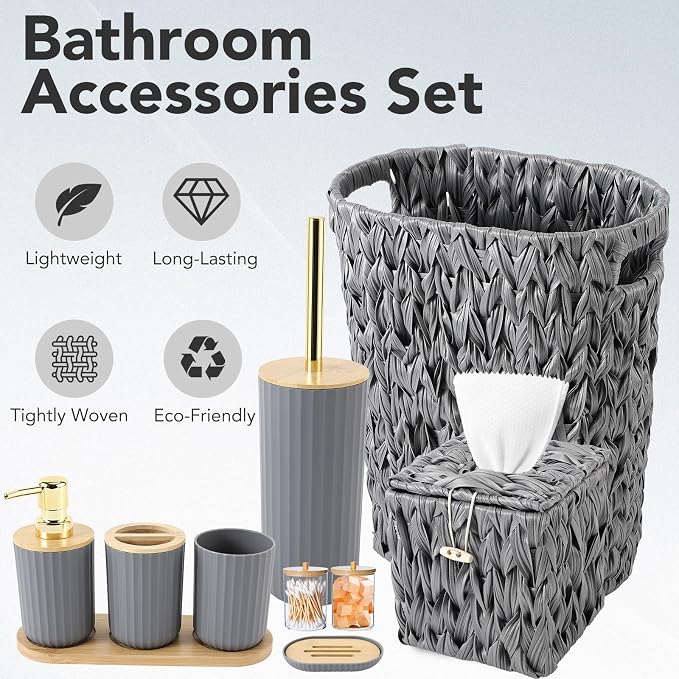 Bathroom Accessory Set, 10 Pieces Bath Set- Wicker Trash Can Tissue Box Soap Dish Toothbrush Holder Rinse Cup Lotion Bottle Toilet Brush Qtip Holder - Practical Bathroom Decor Sets (Grey, Bath Set)