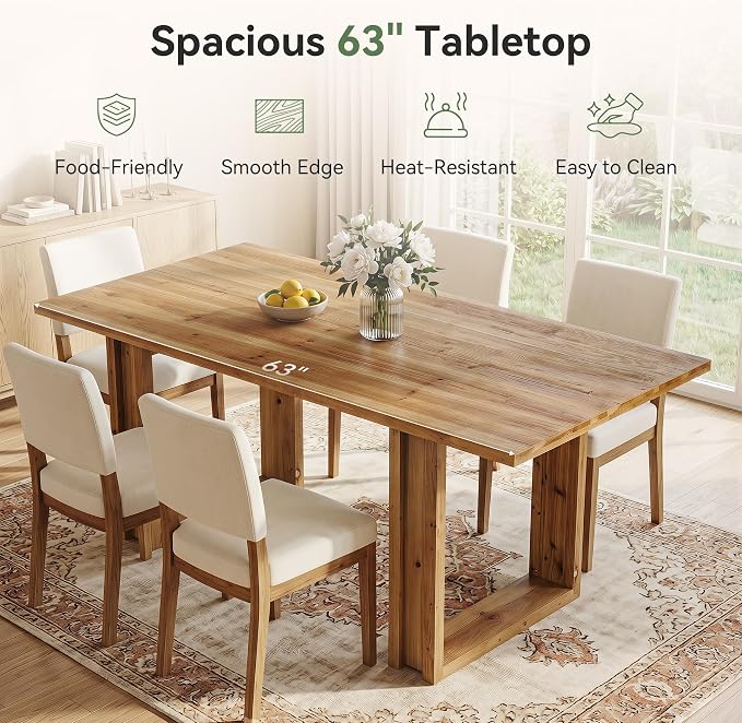 63-Inch Solid Wood Dining Table for 6, Farmhouse Kitchen Table with Heavy Duty Legs, Rectangular Wood Desk for Dining Room, Living Room, Rustic Brown