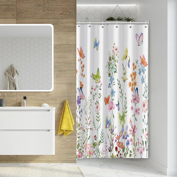 Spring Floral Butterfly Shower Curtain Summer Colorful Wildflowers Botanical Shower Curtain for Rustic Vintage Bathroom Decor Easter Shower Curtain Set 54x78 Inches