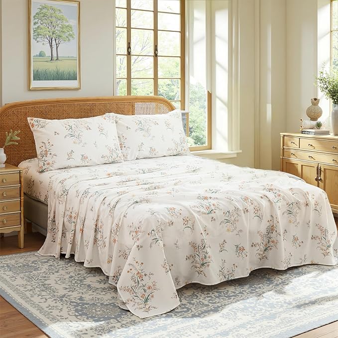 100% Cotton Sheet Set King Size – 4-Piece Shabby Chic Floral Bedding Set, Soft Breathable Percale Weave, Deep Pocket Fitted Sheet 17.5", Crisp Cool Feel, Refined Botanical Elegance