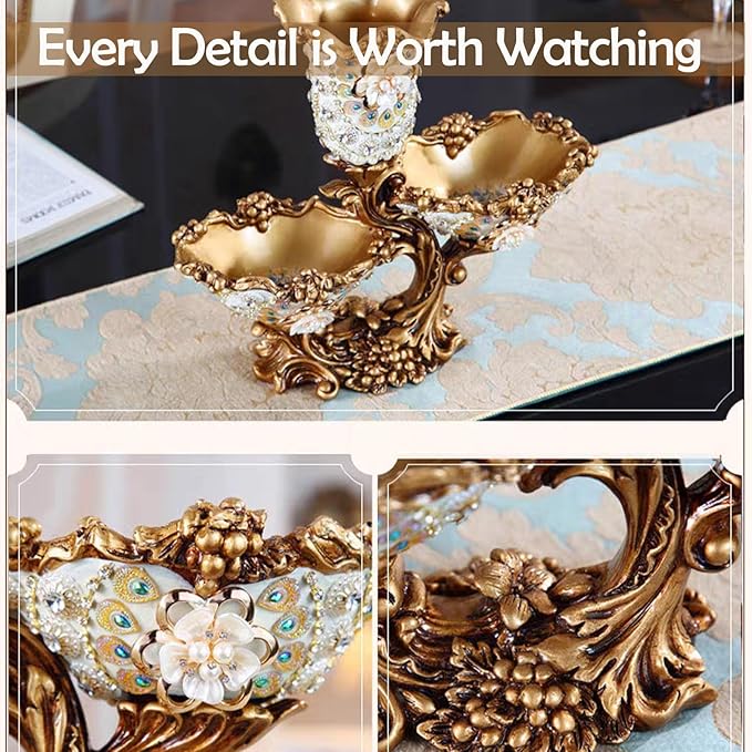 Elegant Large Flower Vases with 2 Tiered Fruit Bowl for Kitchen Counter, Resin Fruit Basket Plate for Snack, Candy Storage(White & Gold)