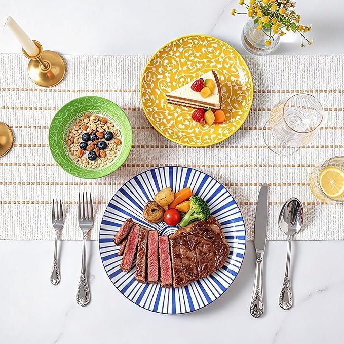 Selamica Ceramic Plates and Bowls Sets,24 Pieces Dinnerware Sets for 8,Scratch Resistant Dish Set for family gathering,Dishwasher & Microwave Safe, Assorted Colors