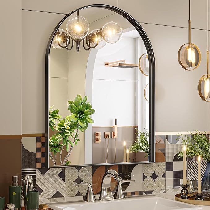 Brightify Arched Mirror, 23.9 x 31.9 Inch Black Arch Wall Mirror, Metal Frame Bathroom Mirror, Arched Top Bathroom Vanity Mirror for Living Room Bedroom Mantel Entryway Hallways
