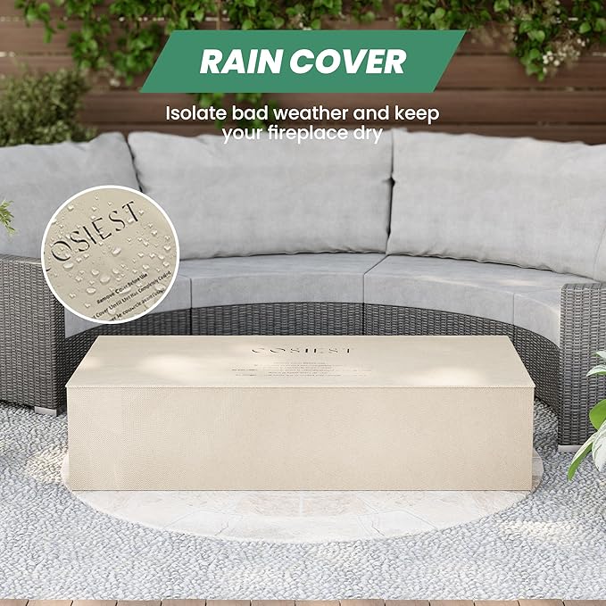 COSIEST Outdoor Propane Fire Pit Table, 56" x 28" Rectangle Terrazzo White Concrete-Like Finish, Certified, 50,000 BTU Stainless Steel Burner w Transparent Gray Fire Glass, Wind Guard, Raincover