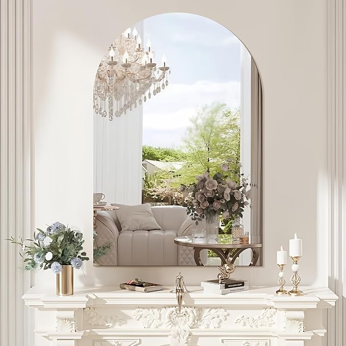 Niccy Arched Mirror, 24"x36" Arch Bathroom Mirror, Decorative Modern Mirrors for Bathroom, Bedroom, Living Room, Entryway, Frameless Vanity Mirror, Unique Wall Mounted