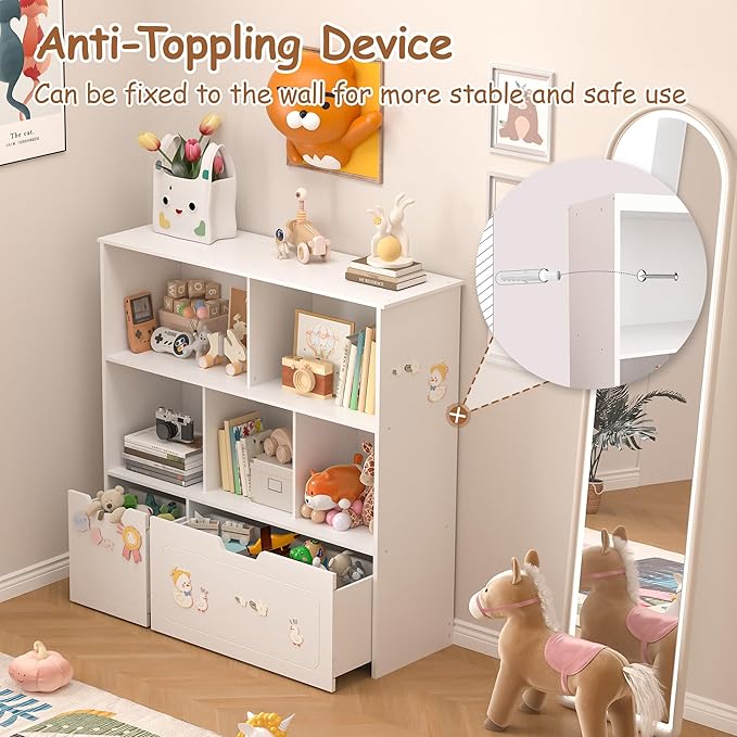 Toy Storage Organizer with 2 Movable Drawers, 3-Shelf Kids Bookcase Children's Toy Chest Cabinet for Playroom Bedroom Daycare Nursery School, 5 Cubes Montessori Bookshelf