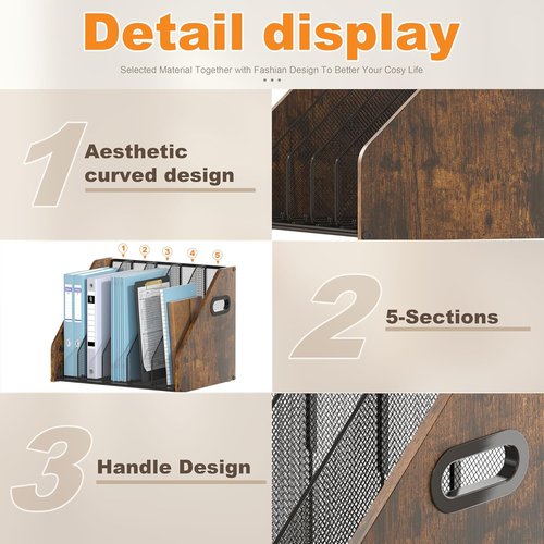 Piskyet Binder Organizer - Wooden Desk File Holder with 5 Vertical Compartments | Ideal for Office & Home