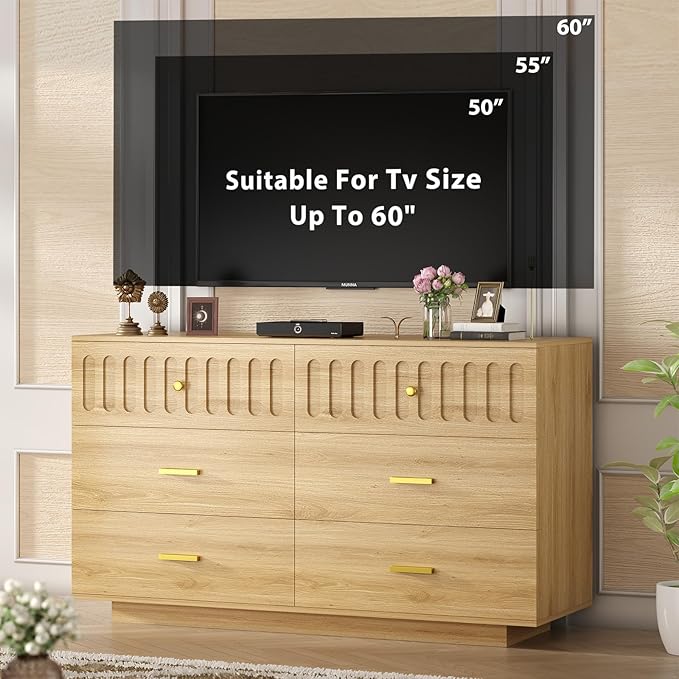 IBF Modern Fluted 6 Drawer Dresser for Bedroom, Fluted 55 Inch Chest of Drawers for Kid Adult Closet, Large Wood Clothes Storage Dresser with Anti-Tipping Device for Living Room Hallway, Oak