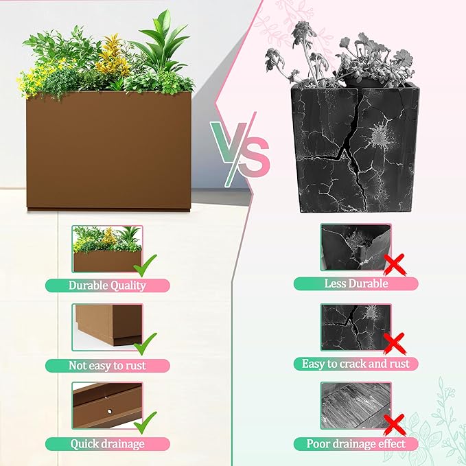 Metal Planter Box Rectangular Planter Box with Drainage Hole, Outdoor Large Planters, All-Weather Use, Rust-Resistance, for Flowers Plants, 35.4" L × 9.1" W × 25.6" H, Brown
