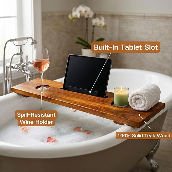Teak Bathtub Tray for Tub, 40" Solid Teak Wood Bath Caddy Tray with Tablet & Wine Glass Holder, Water-Resistant Bath Tub Tray Wood for Spa Bathroom Accessories