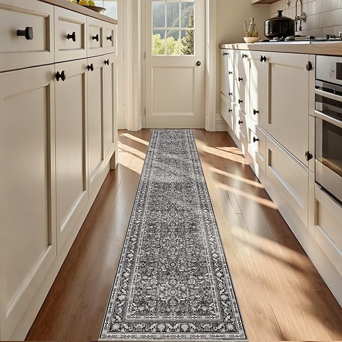 OPPODREAM Vintage Black 2x12 Runner Rug, 2 x 12 Retro Washable Rug Non Slip, Low-Pile Faux Wool Carpet, Distressed Floor Mat for Kitchen, Hallway, Entry-Way, Entrance, Indoor Back Door