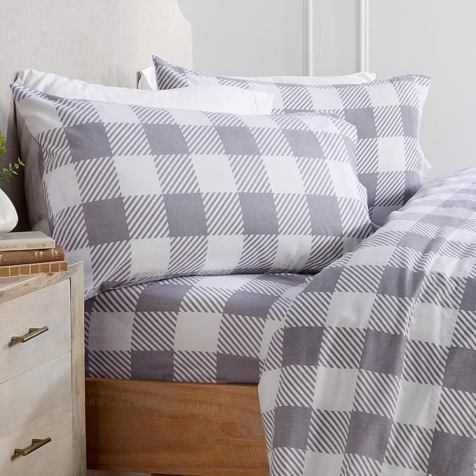 Market & Place 100% Turkish Cotton Flannel Sheet Set | 4 Piece Deep Pocket Novelty Cozy Winter Bed Sheets | Double Brushed for Extra Softness & Comfort | Alpine Collection (Full, Buffalo Check Grey)
