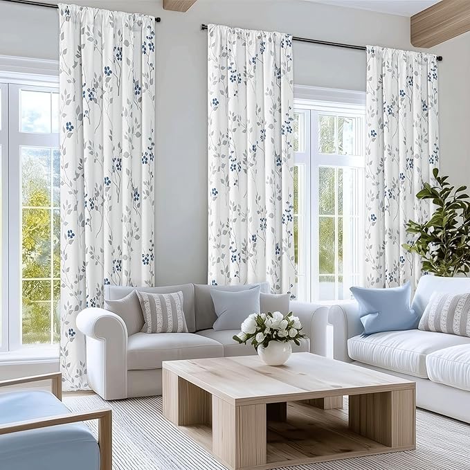 Beauoop Floral 100% Blackout Curtains 96 Inches Long 2 Panels for Bedroom Living Room Blue Grey and White Flower Patterned Room Darkening Thermal Soundproof Rod Pocket Back Tab Window Drapes, 52X96