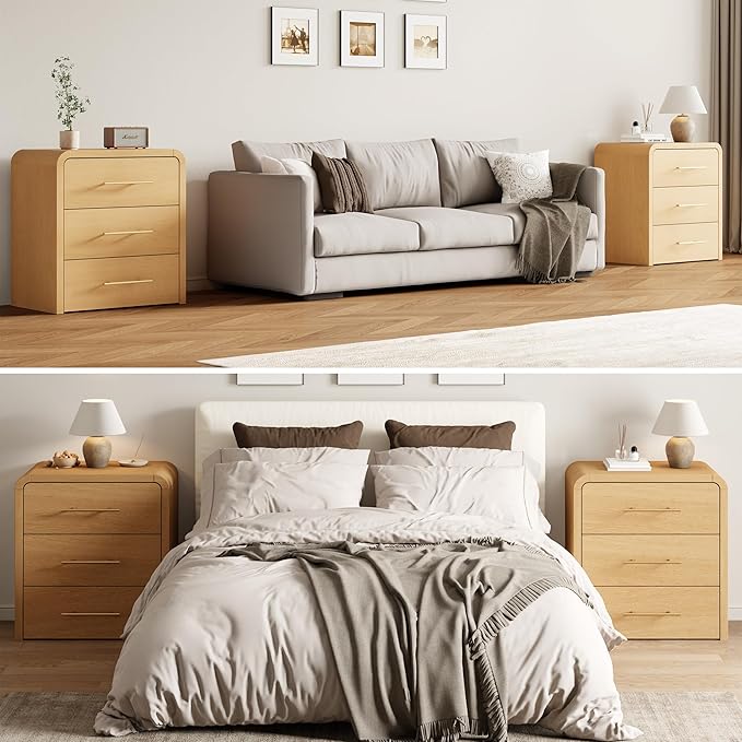 Curved 3-Drawer Nightstand Dresser, 23.6'' Wide Modern Wood Bedside Tables with Long Metal Handles, Large Storage End Tables for Bedroom, Office, Natural Oak