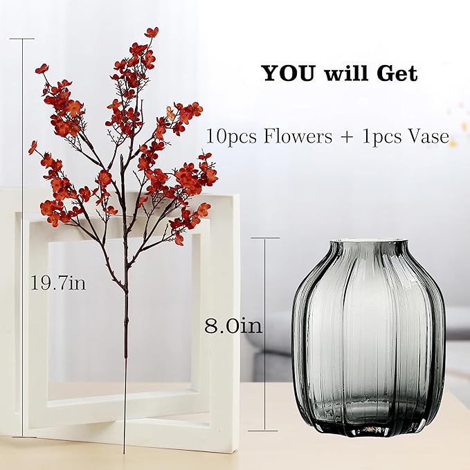 JAKY-Global Babys Breath Silk Artificial Flowers Bulk with Vase 10pcs Fall Decor Fake Flower Bouquet Bulk for Home Kitchen Indoor Arrangement Table Centerpieces Party Decor(Burnt Red Brown with Vase)