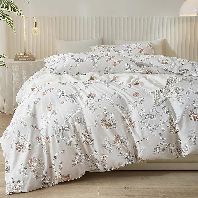 EAVD Girls Floral Duvet Cover Twin Soft White Cotton Tree Branches Floral Bedding Set with 2 Pillowcases Fresh Chic Garden Botanical Duvet Cover with Zipper Closure 4 Ties