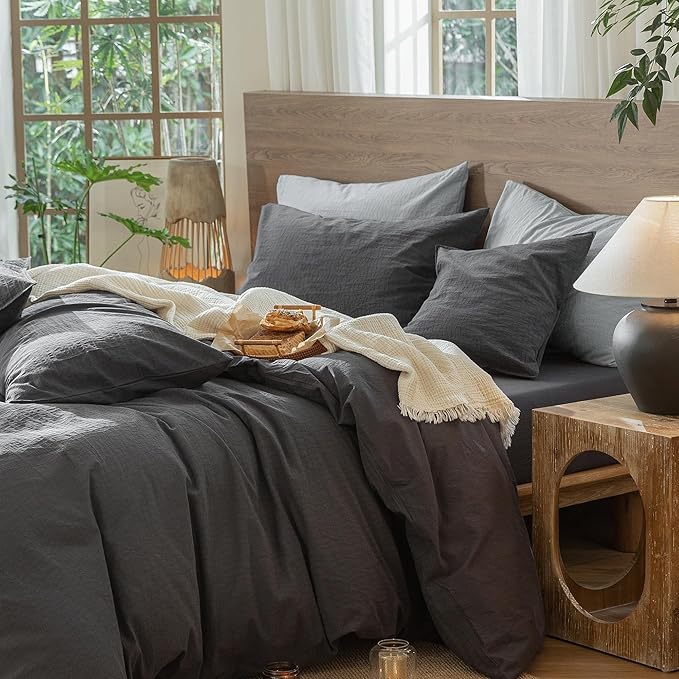 MooMee Wavy Striped Duvet Cover Set 100% Washed Cotton Linen Like Textured Breathable Durable Soft Comfy (Charocal Grey, Super King 108"x98")