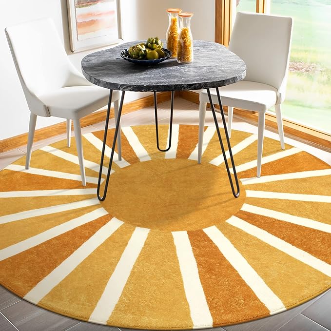 Lahome Round Rug 7Ft Round Area Rug for Living Room, Washable Throw Soft Boho Round Rug Large Non-Slip Untra-Thin Round Dining Room Rug, Cute Rainbow Sun Print Floor Round Carpet for Bedroom Nursery