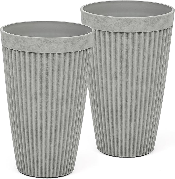 20" Vintage Resin Planters for Outdoor Plants, Gray Flower Pots with Handmade Fluted Texture, Weatherproof for Year-Round Indoor/Outdoor Use