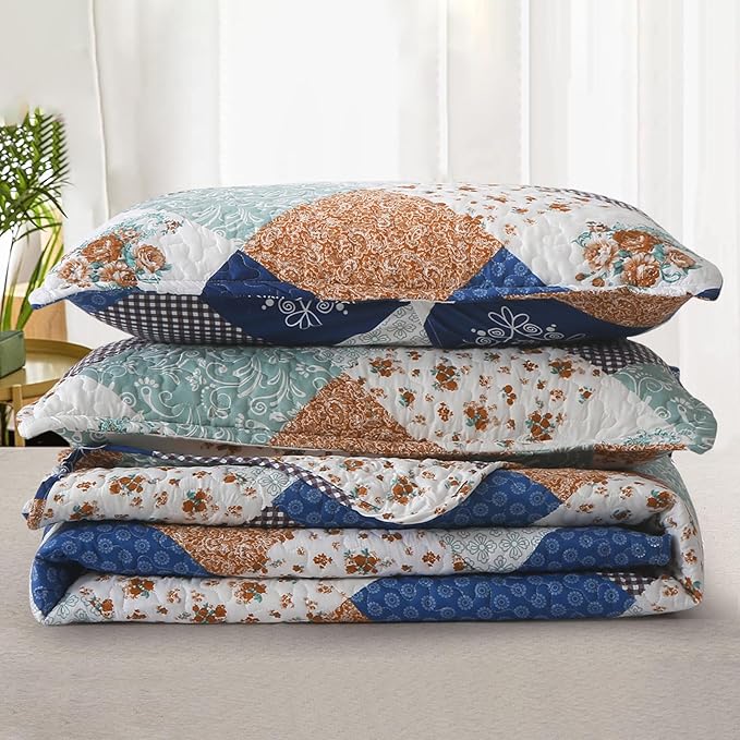 Dinjoy Reversible Patchwork Quilt Bedding Set Full Size Blue Green Grey Plaid Floral Pattern Bedspread Set Soft Microfiber Coverlets Bed Set 3 Pieces Spring Summer Fall Use (78x90 inches)