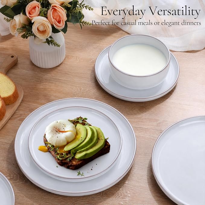 E-far Stoneware Dinnerware Sets for 2, 6 Pieces Reactive Glaze Plates and Bowls Sets, Elegant Dishes with Rustic Terracotta Base, Dishwasher & Microwave Safe, Scratch Resistant, Glacier White