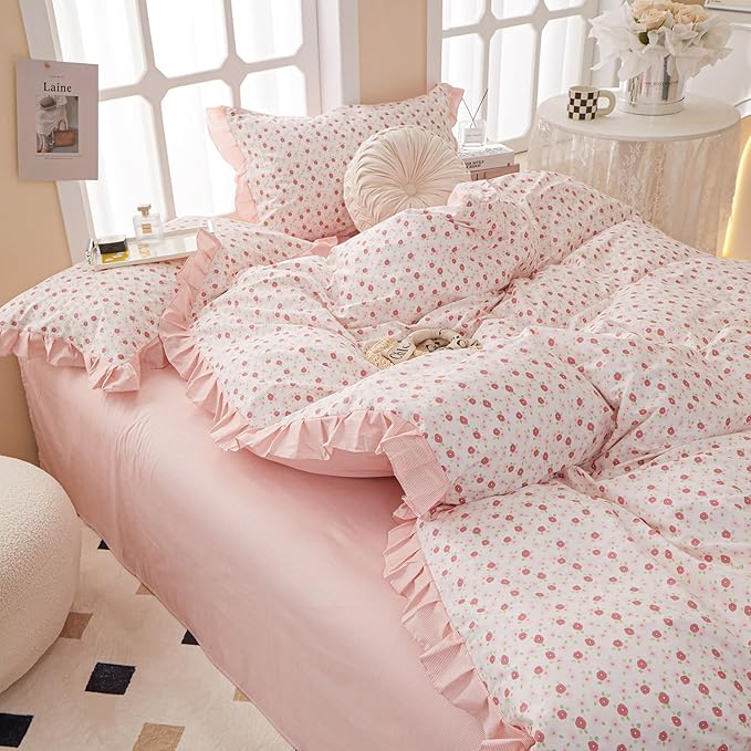 LifeTB Ruffle Duvet Cover Twin Cute Pink Red Flower Duvet Cover 100% Cotton Girls Floral Bedding Cover Reversible Pink Striped Ruffle Comforter Cover Romantic Princess Lace Bedding Set for Teen Girls