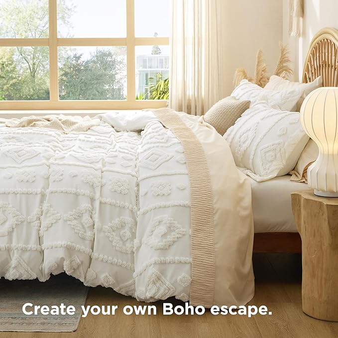 Bedsure Boho Duvet Cover Queen Size - White Tufted Boho Bedding, Farmhouse Shabby Chic Embroidery Bedding for All Seasons, 3 Pieces, 1 Soft Jacquard Queen Comforter Cover and 2 Pillow Shams