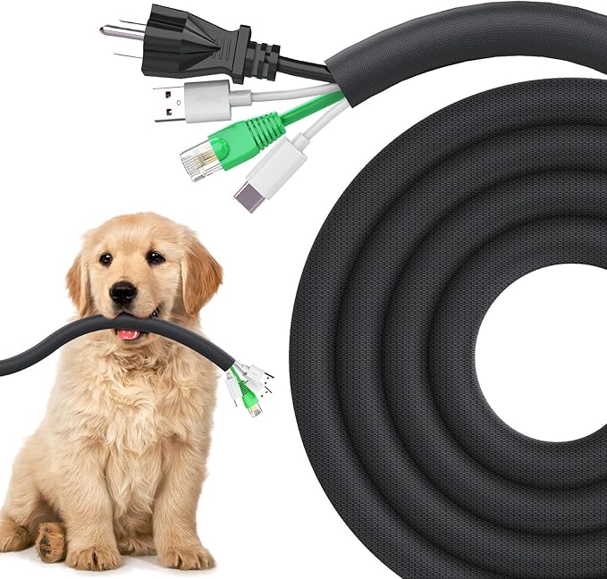 UOMTFAI Dog and Cat Cord Protector 25ft - 1/2inch, Flexible Cable Sleeve for Easy Cord Management, Protects Cables from Pets Chewing, Ideal for USB, Power, Audio and Video Cords - Black
