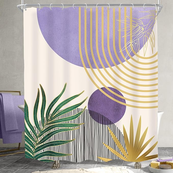 KOMLLEX Mid Century Purple Green Boho Shower Curtain 60Wx72L Inches Abstract Modern Shower Curtains for Bathroom Gold Botanical Minimalist Arch Sun Fabric Liner Waterproof Polyester 12 Pack Hooks