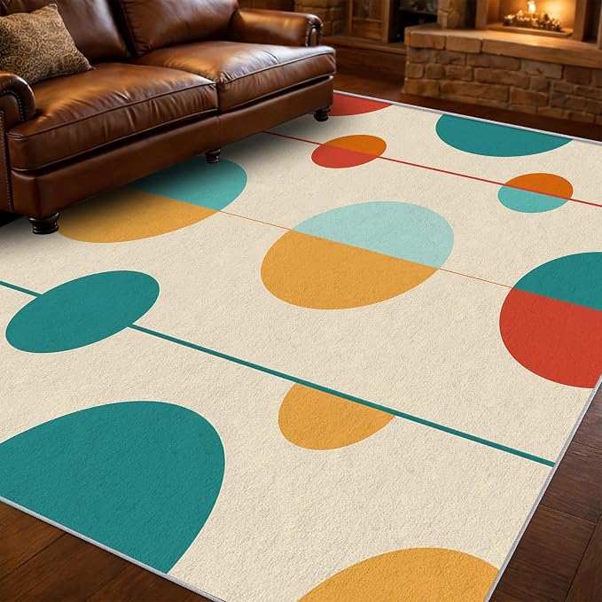 Mid Century Modern Area Rug 6x8, Washable Non Slip Low Pile Abstract Geometric Carpet for Living Room Bedroom Dining Room, Minimalist Retro Circle Accent Rug, Ivory Teal Mustard Orange
