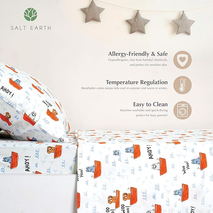 Salt Earth 100% Cotton 210TC Kids Bedsheet, Twin Sheets Set for Toddler Bed, 3 Piece Bedding Set Including Flat Sheet, Fitted Sheet, and Pillowcase, Themed Cute Sheets for a Playful Kids Bed (Ahoy)
