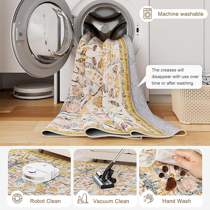 AMTOVO 8x10 Washable Area Rugs for Living Room, Non-Slip&Non-Shedding Large Soft Boho Floral Vintage Print Carpet for Bedroom Dining Room Farmhouse Nursery Kids Room Home Office, Golden Yellow