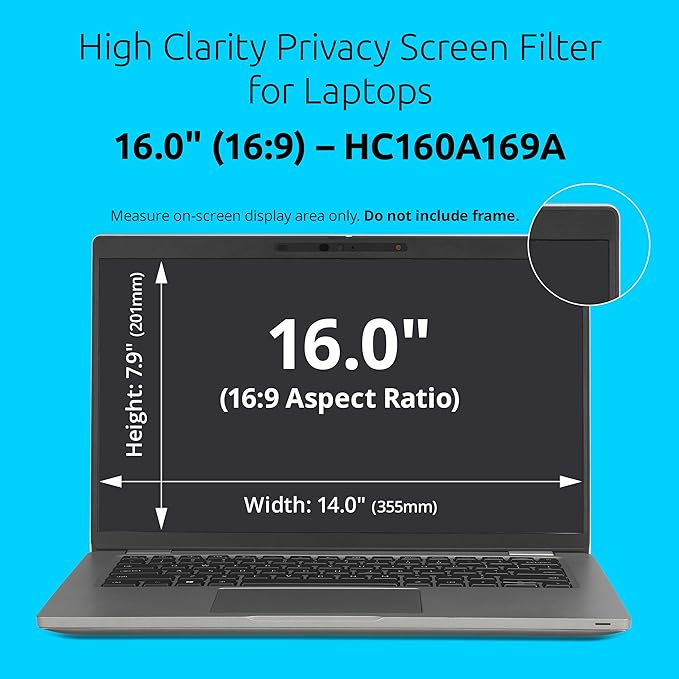 Kensington High Clarity Privacy Screens Filter for 16 inch 16:9 Laptops, Easy Installation Privacy Filter, Anti-Glare, 2H Hardness Protection, Compatible with HP Lenovo Samsung Asus HC160A169A