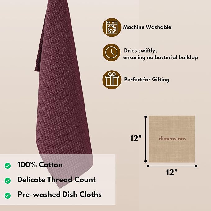 Native Fab 18 Pack Dish Cloths - 100% Cotton, Absorbent, Quick Drying, Soft & Washable Towels for Cleaning, Cooking & Baking - Perfect for Home, Restaurants, Bars, Versatile Uses, 12"x12", Burgundy