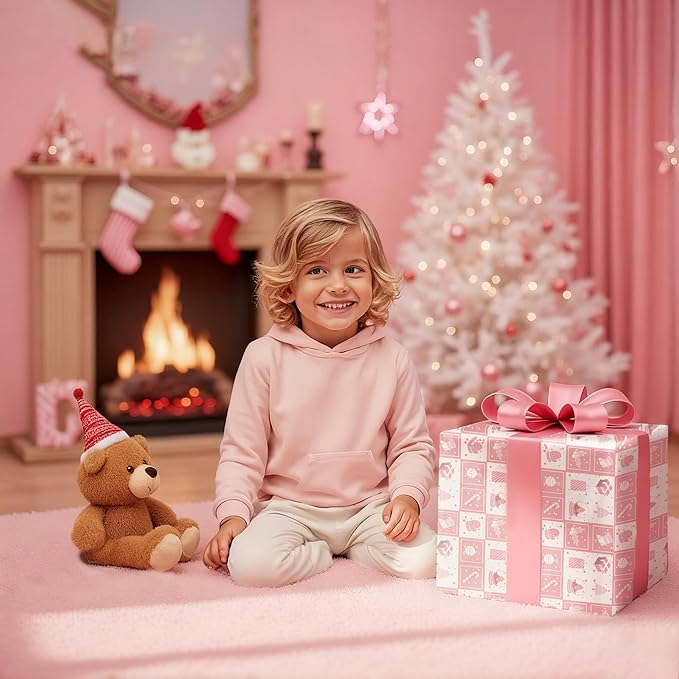 PlandRichW Pink Christmas Wrapping Paper 12 Sheets Folded for Girls Kids Adults, 20 x 29 inches Gift Wrap 4 Designs including HO Prints, Santa Claus, Snowflakes and Reindeer Holiday Collection