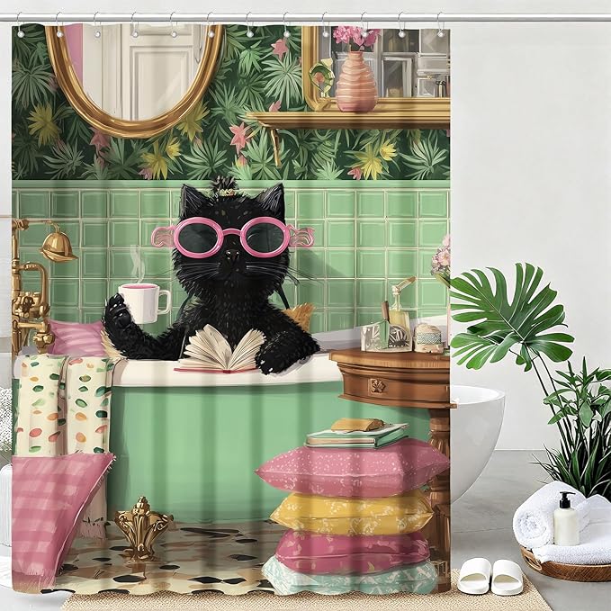 Funny Cat Shower Curtain Cute Kitten Taking Bath Shower Curtains for Bathroom Waterproof Fabric Bath Curtain Decor with Hooks